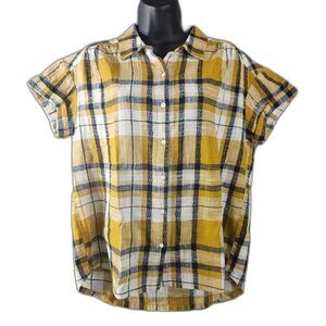 Sundance Small Textured Mustard Plaid Cotton Roll Sleeve Button Up
